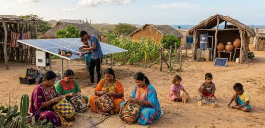 Comunidad wayúu tejiendo mochilas junto a paneles solares en la Guajira venezolana