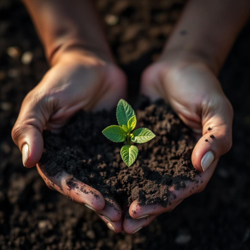 Manos sosteniendo una planta joven
